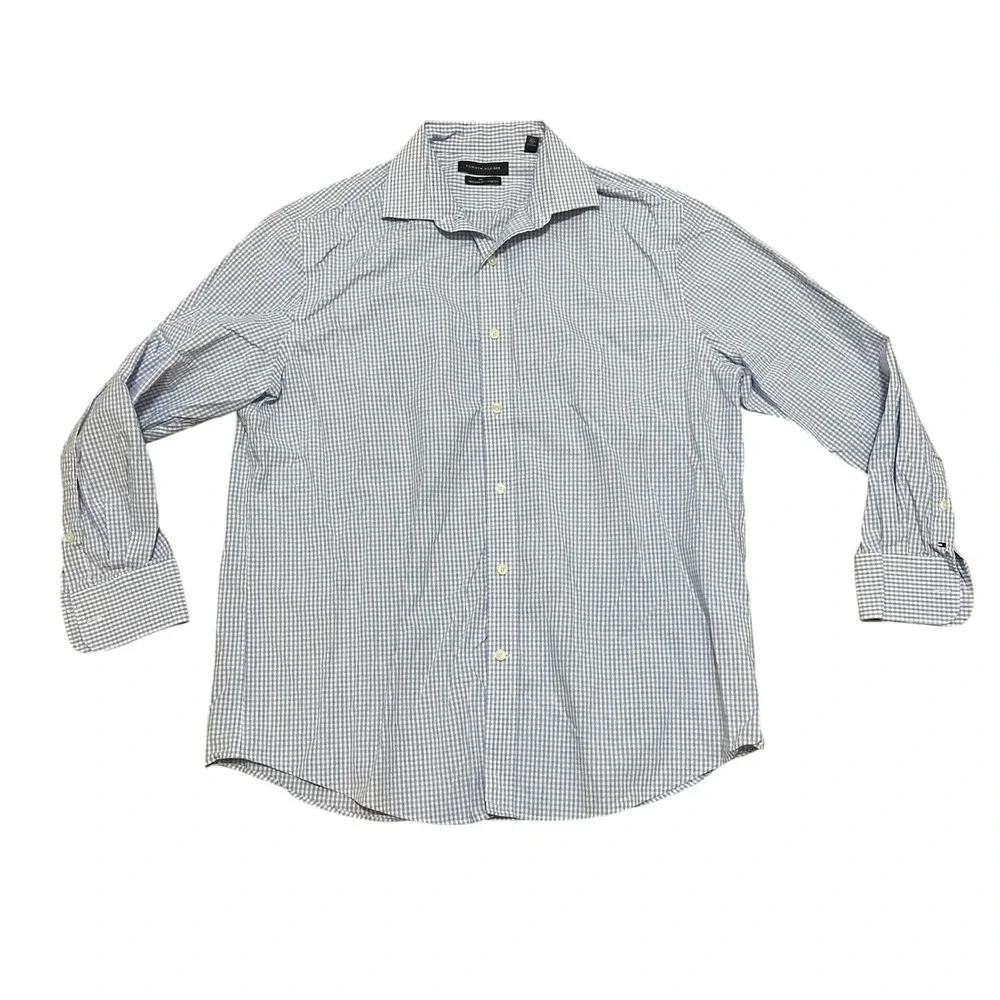Tommy Hilfiger TH Flex Mens Blue Check Stretch Dress Shirt 16.5 32/33 L Regular